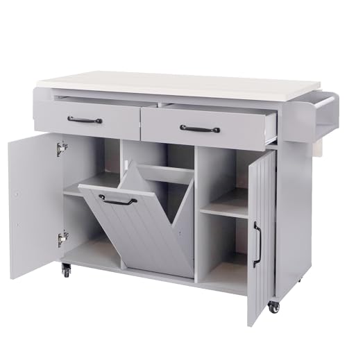 Farmhouse Kitchen Island with Drop Leaf, Barn Door and Wheels O34026