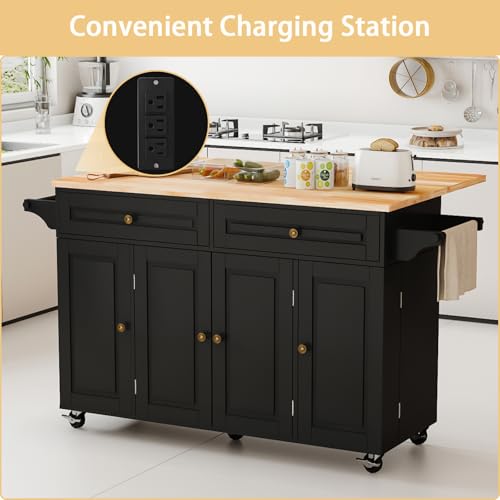 Movable Kitchen Island with Drop Leaf and Power Outlet J472