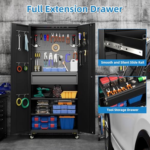 Metal Storage Cabinet with Wheels, 73" H, Locking Doors and Adjustable Shelves C8462