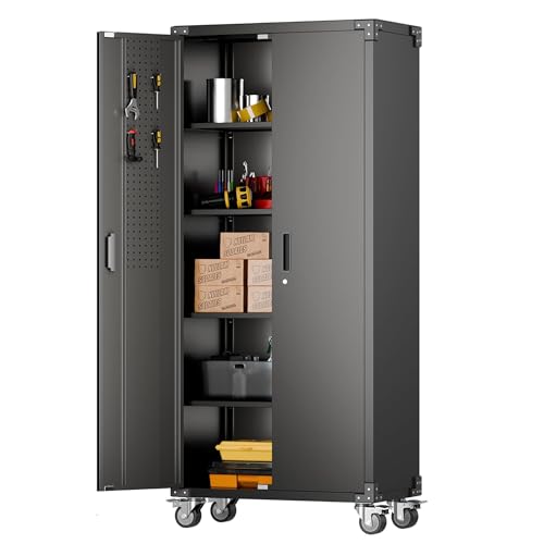 Garage Storage Cabinet with Wheels, 72" H, 2 Doors, 4 Adjustable Shelves, Black Q104
