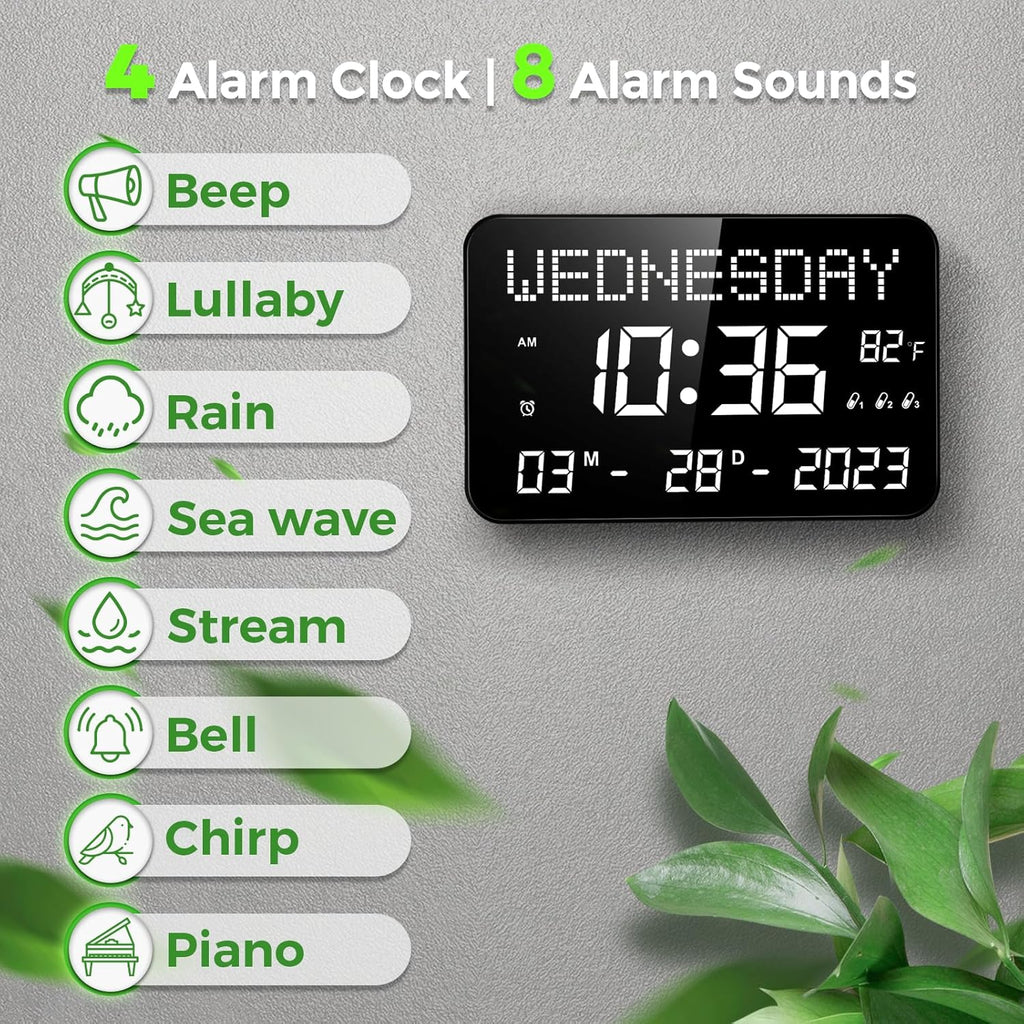 11.2" Digital Calendar Clock with Day and Date, Remote Control, 4 Alarms, Adjustable Dimmer X9730