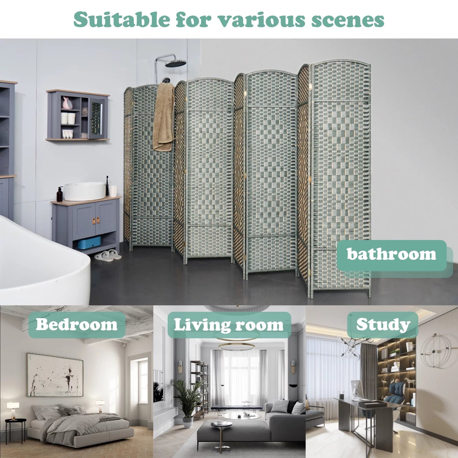 5.7ft Wood Fiber Woven Room Divider 8 Panels, Foldable Grey I3023