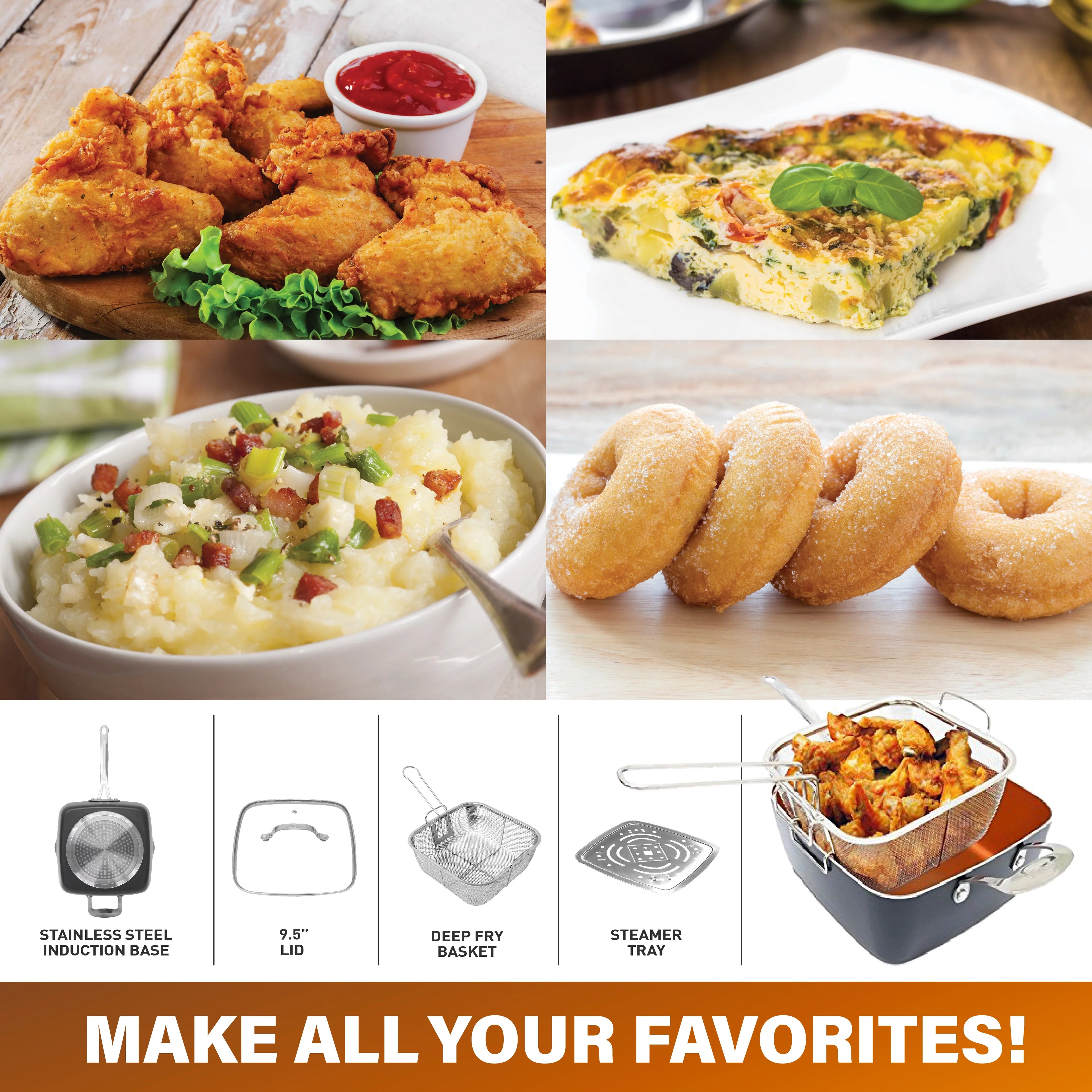 6 Qt Nonstick Deep Square Casserole Pan with Frying Basket and Steamer Tray J702252