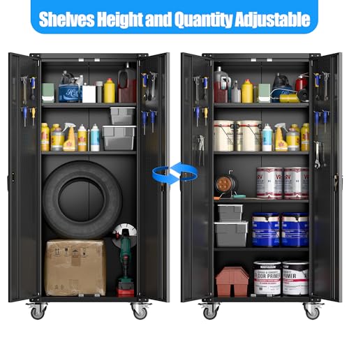 Metal Storage Cabinet with Wheels, 73" H, Locking Doors and Adjustable Shelves C8462