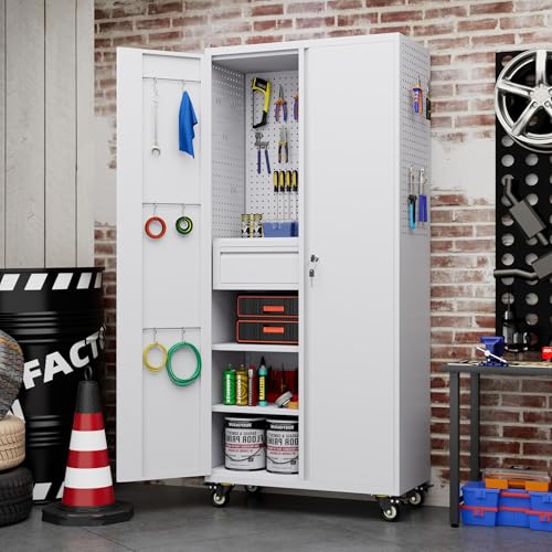 Metal Storage Cabinet with Wheels, 73" H, Locking Doors and Adjustable Shelves C8462
