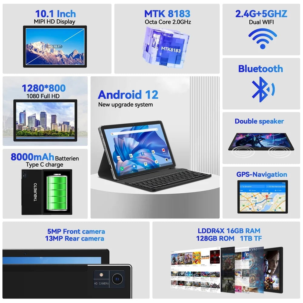 10.1 inch Android 12 Tablet, 16GB RAM 128GB ROM, 8MP+13MP Camera A354