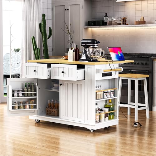 Kitchen Island Cart with Drop Leaf, Power Outlet, and 5 Storage Shelves Z644898