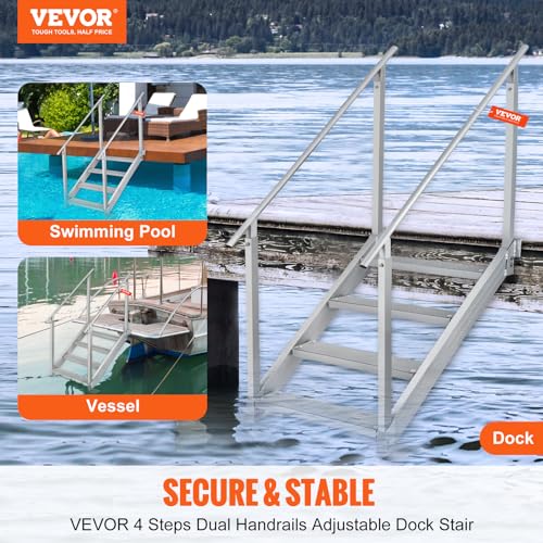 Aluminum 4-Step Dock Ladder, Adjustable Height, Non-Slip Pedals W147
