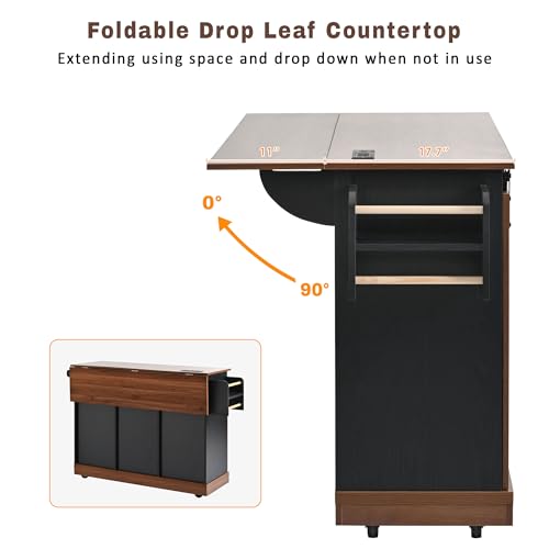 Farmhouse Kitchen Island with Drop Leaf, Barn Door and Wheels O34026