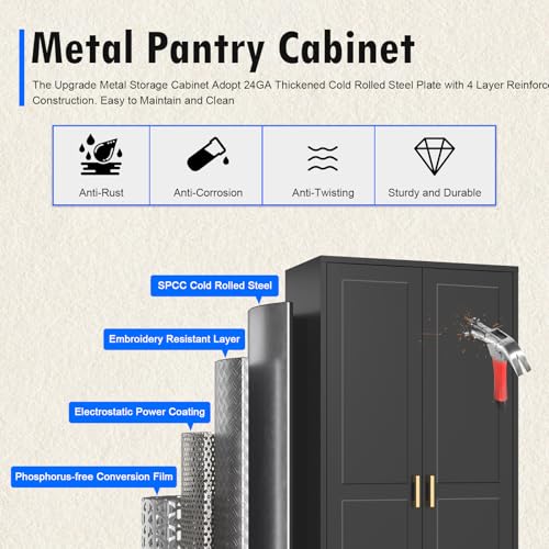 Tall Kitchen Storage Cabinet with Doors and Adjustable Shelves, Black Freestanding Cupboard X34021