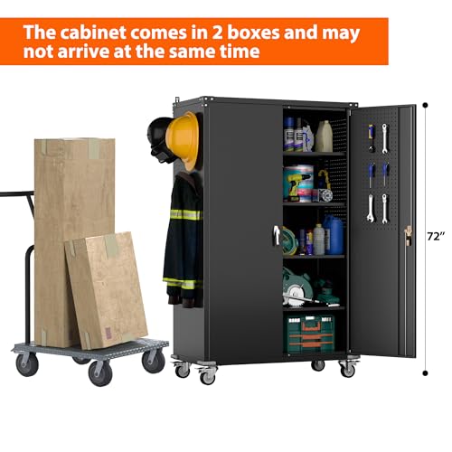 Metal Storage Cabinet with Wheels, 73" H, Locking Doors and Adjustable Shelves C8462