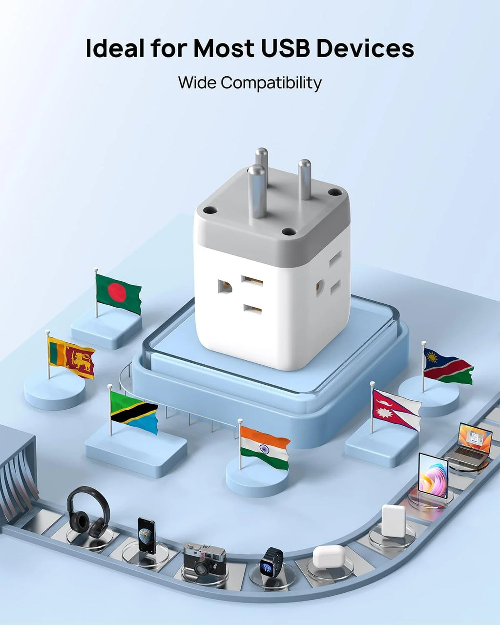 US to India Plug Adapter with 2 USB Ports and 3 Outlets C86770