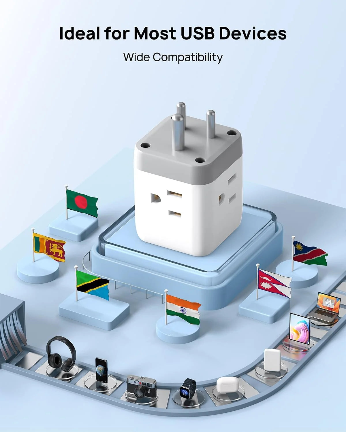 US to India Plug Adapter with 2 USB Ports and 3 Outlets C86770