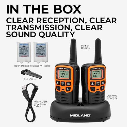 Spotting and Recovery Walkie-Talkie Long Range FRS Two Way Radio for Kids Caravanning with NOAA Weather Alert, 38 Privacy Codes, Black Orange 2 Pack L626895