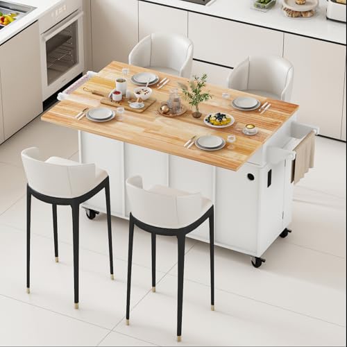 Movable Kitchen Island with Drop Leaf and Power Outlet J472