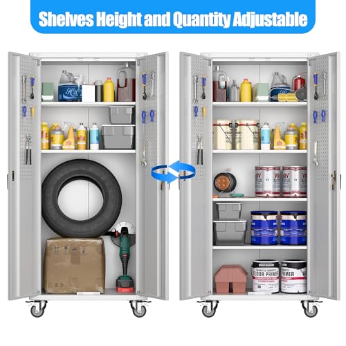 Metal Storage Cabinet with Wheels, 73" H, Locking Doors and Adjustable Shelves C8462