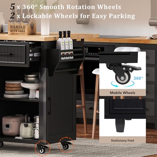 Kitchen Island Cart with Drop Leaf, Power Outlet, and 5 Storage Shelves Z644898