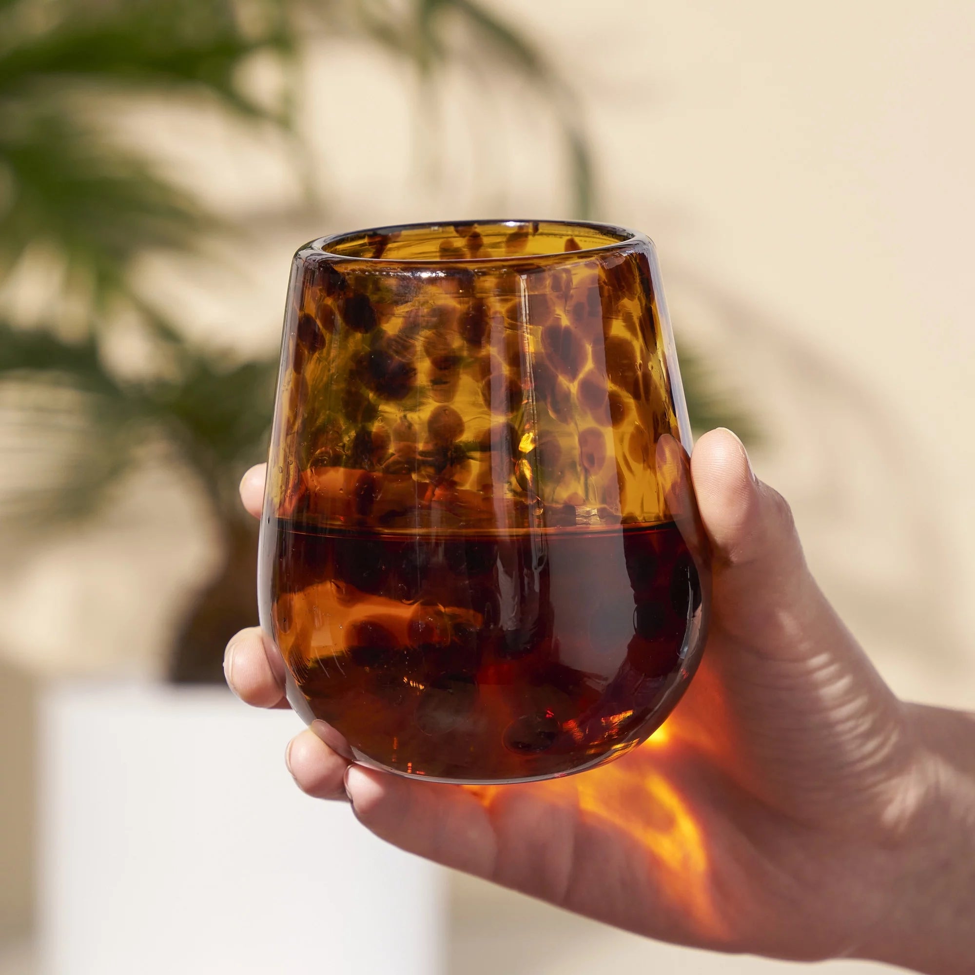 Tortoise Shell Stemless Wine Glasses Set - Hand Blown Recycled Glass, 13oz, Set of 2 S726