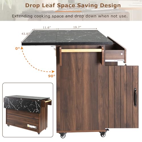 Farmhouse Kitchen Island with Drop Leaf, Barn Door and Wheels O34026