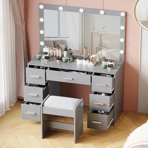 Vanity Desk with Stool, Lighted Mirror, 3 Color Modes, Adjustable Brightness, Drawers, White S703720