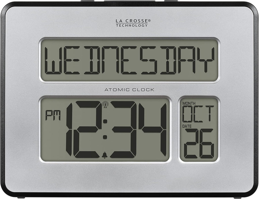 La Crosse Technology 513-1419B Silver Atomic Full Calendar Clock with Extra Large Digits