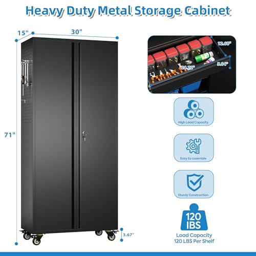 Metal Storage Cabinet with Wheels, 73" H, Locking Doors and Adjustable Shelves C8462