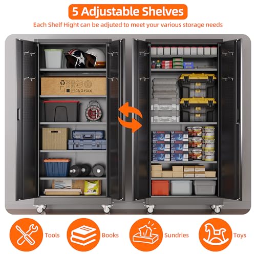 Metal Storage Cabinet with Wheels, 73" H, Locking Doors and Adjustable Shelves C8462