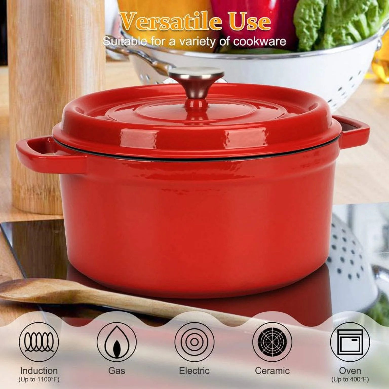 Enameled Cast Iron Dutch Oven, 5 qt Round Casserole Dish for Bread Baking Y323
