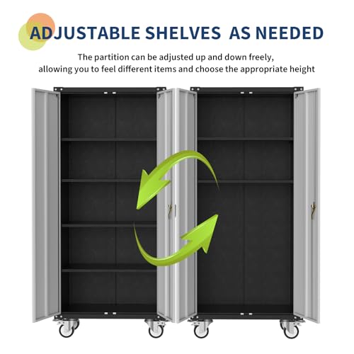 Metal Storage Cabinet 72" H with Wheels, Lockable Rolling, 4 Adjustable Shelves R679