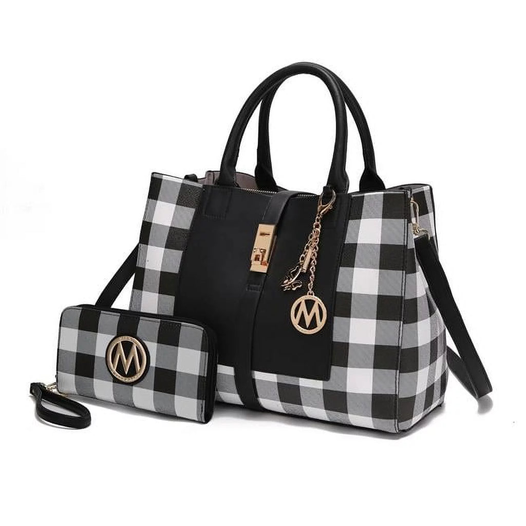 Vegan Leather Checkered Satchel Bag with Wallet 2 Piece Set Y922069