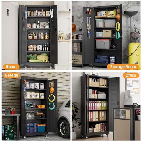 Metal Storage Cabinet with Wheels, 73" H, Locking Doors and Adjustable Shelves C8462