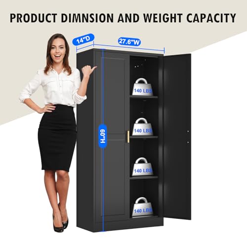 Tall Kitchen Storage Cabinet with Doors and Adjustable Shelves, Black Freestanding Cupboard X34021