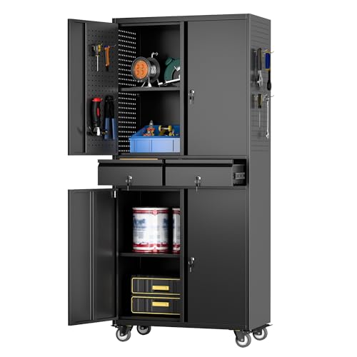 Metal Storage Cabinet with Wheels, 73" H, Locking Doors and Adjustable Shelves C8462