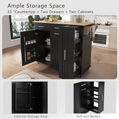 Large Kitchen Island with Drop Leaf, Rolling Cart, Power Outlet R822