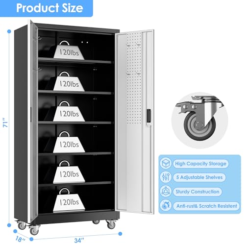Garage Storage Cabinet with Wheels, 72" H, 2 Doors, 4 Adjustable Shelves, Black Q104