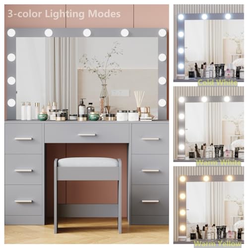 Vanity Desk with Stool, Lighted Mirror, 3 Color Modes, Adjustable Brightness, Drawers, White S703720