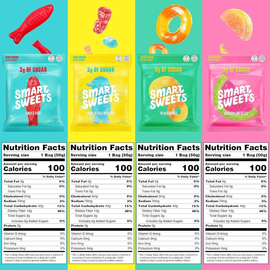 Low Sugar Candy Variety Pack, Sweet Fish, Sourmelon Bites, Peach Rings, 1.8oz (Pack of 8) X651116
