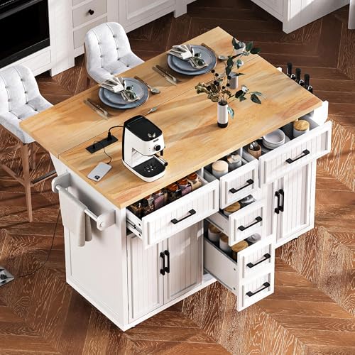 Kitchen Island Cart with Drop Leaf, Power Outlet, and 5 Storage Shelves Z644898