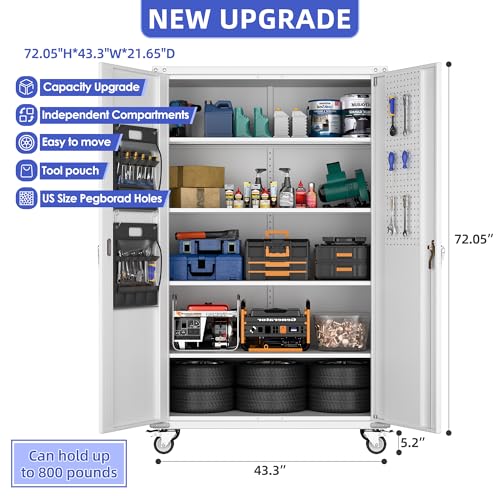 Metal Storage Cabinet with Wheels, 73" H, Locking Doors and Adjustable Shelves C8462