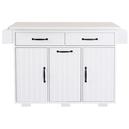 Farmhouse Kitchen Island with Drop Leaf, Barn Door and Wheels O34026