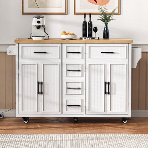 Kitchen Island Cart with Drop Leaf, Power Outlet, and 5 Storage Shelves Z644898