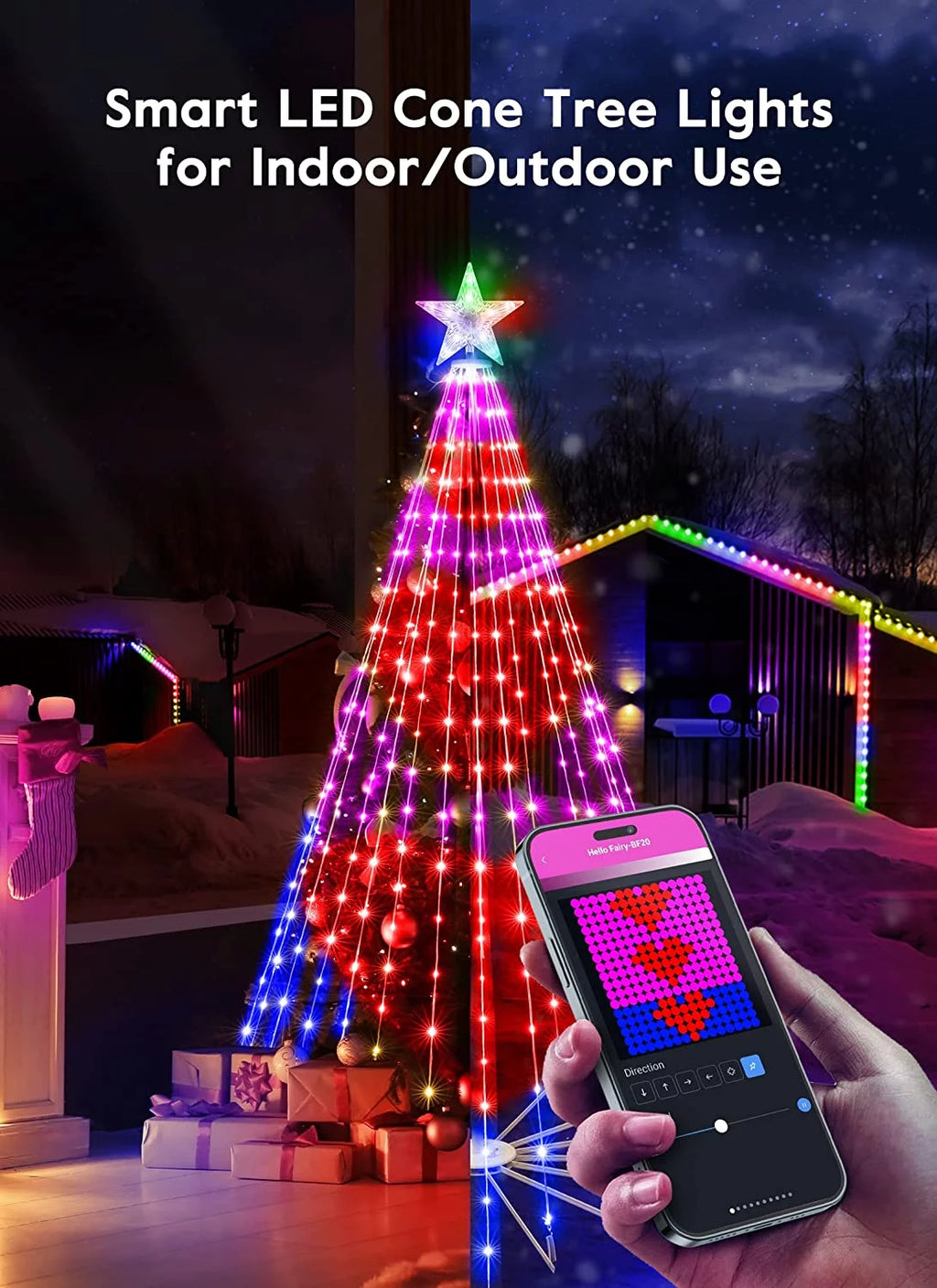 Smart Christmas Cone Tree LED Light, 6ft 265 LED Music Sync with Remote APP D46079