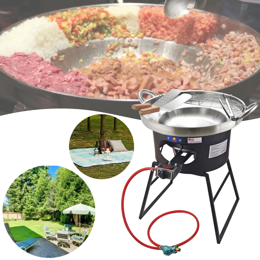 Heavy Duty Stainless Steel Concave Comal Set with Cast Iron Propane Burner Stove and Stand T6900