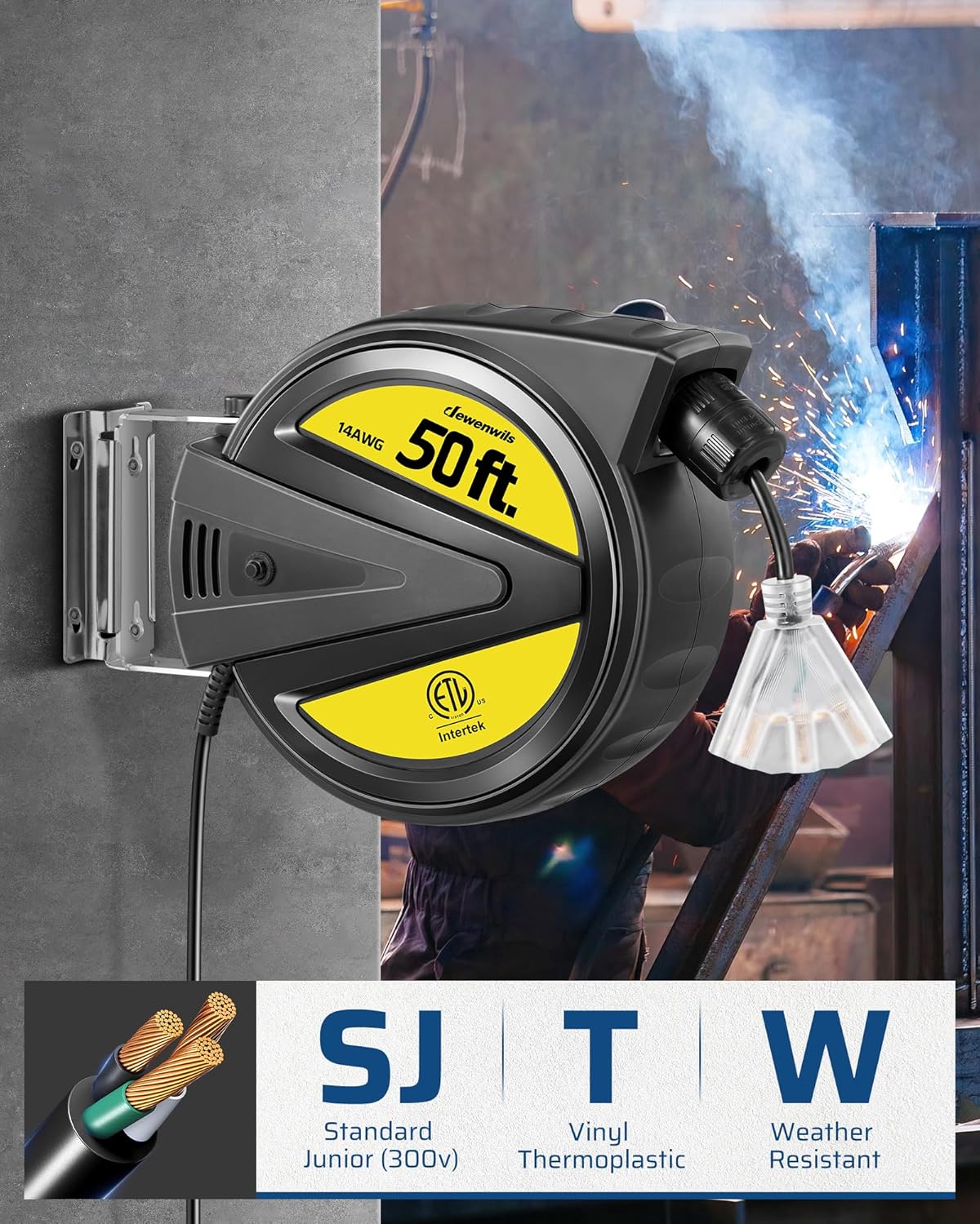Extension Cord Reel, 50FT Heavy Duty Power Cord, Retractable, 13 Amp Circuit Breaker W4915