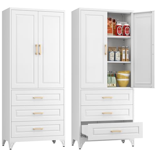 Tall Kitchen Storage Cabinet with Doors and Adjustable Shelves, Black Freestanding Cupboard X34021