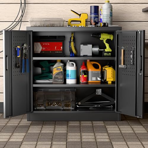 Garage Storage Cabinet with Wheels, 72" H, 2 Doors, 4 Adjustable Shelves, Black Q104