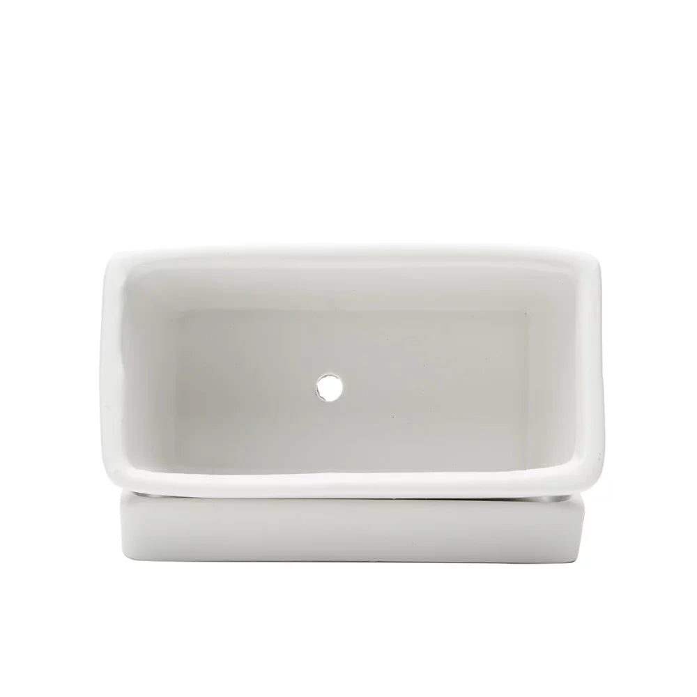 White Rectangular Ceramic Succulent Planter with Drainage Hole and Tray N54336