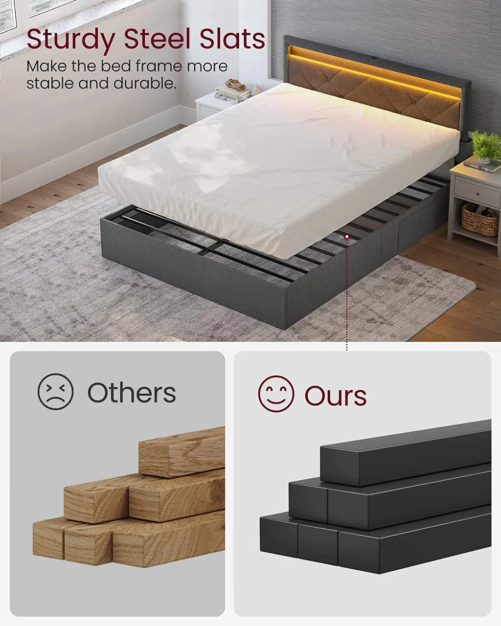 Full Size LED Bed Frame with Headboard and 4 Drawers Storage, Gray N72954