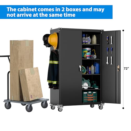 Garage Storage Cabinet with Wheels, 72" H, 2 Doors, 4 Adjustable Shelves, Black Q104