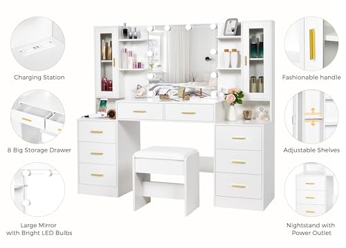 59.1" Vanity Desk with Mirror & Lights, 8 Drawers, Power Outlet X49068